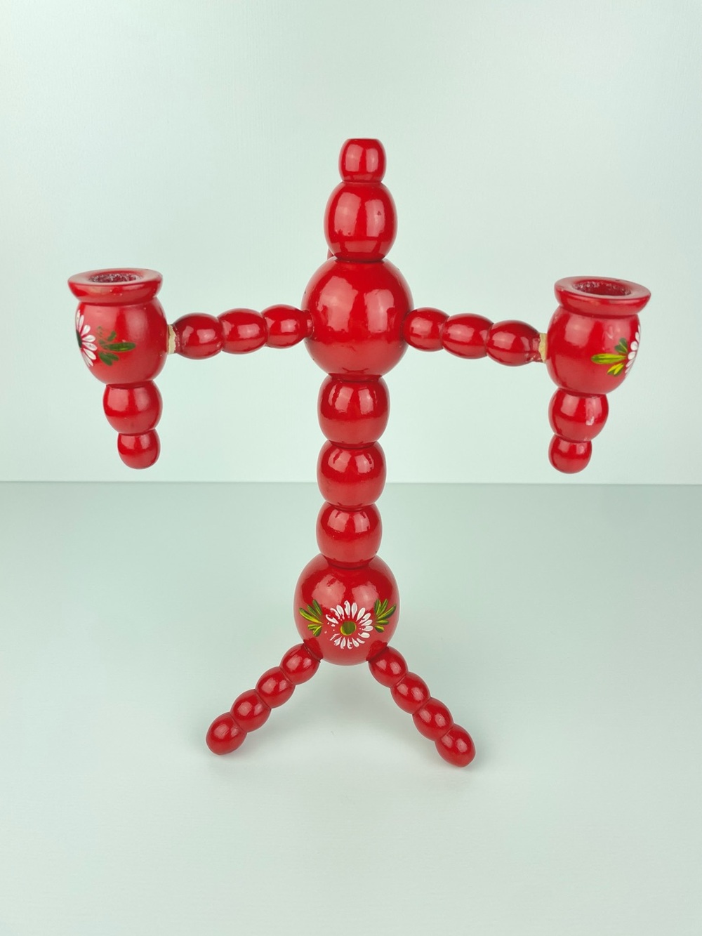 VTG Swedish 3 Armed Red Floral Candelabra Scandinavian Folk Art Candleholder - Picture 3 of 16